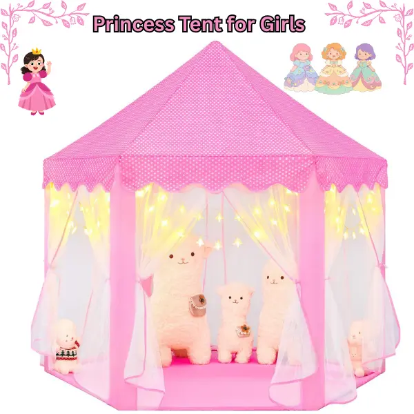 Pink Princess Castle Play Tent for Girls Age 3-8 with Star Lights – Hexagon Fairy Princess Play Tent, Portable Unisex Fairy Tale Castle Tent, Kids Indoor Playhouse Tent, Toddler Princess Toy Tent 55x53 Inch