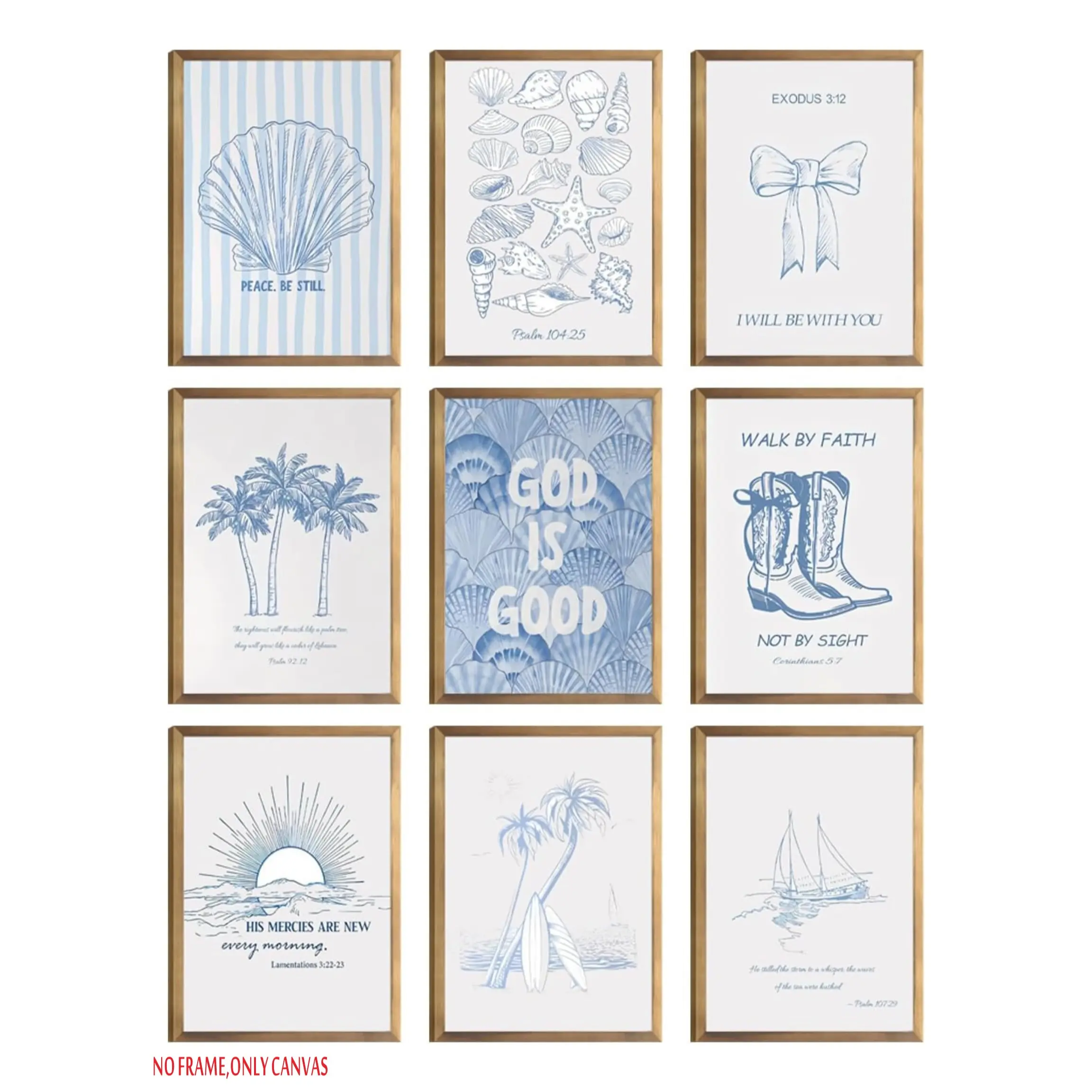 9-piece set, Vintage prints, Coastal-themed Christian wall art, Home wall art, blue seashell poster, inspirational Bible verses, beach, starfish designs, vintage aesthetic, Christian decor, suitable for home, churches, frameless