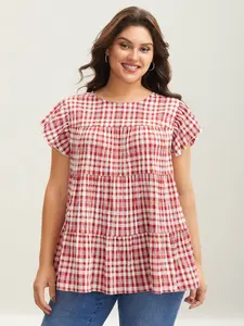 BLOOMCHIC Women's Plus Size Plaid Textured Blouse - Lady's Casual Shirts Round Neck Ruffle Cap Sleeves Breathable Everyday Top Crimson/Greenbean/LightBlue For 2026 Summer Mother's Day Plus Size Fashion [M-6X] 2026 Summer Vibes