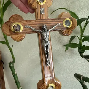 Wooden Crucifix with Silver Jesus Figure and Gold Accents for Wall Decoration