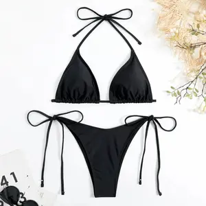 Plain Black Two-Piece Bikini Set, Sexy Swimsuit for Beachwear with Tie Side Thong