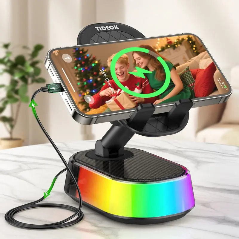 Wireless Bluetooth Rechargeable Smart Speaker with Phone Holder, Emergency Charging, Smart Sensing, Colorful Atmosphere Light, 9D HD Surround Sound Upgrade, Foldable-Rotatable Design, for iPhone & Android, Rechargeable Smart Speakers
