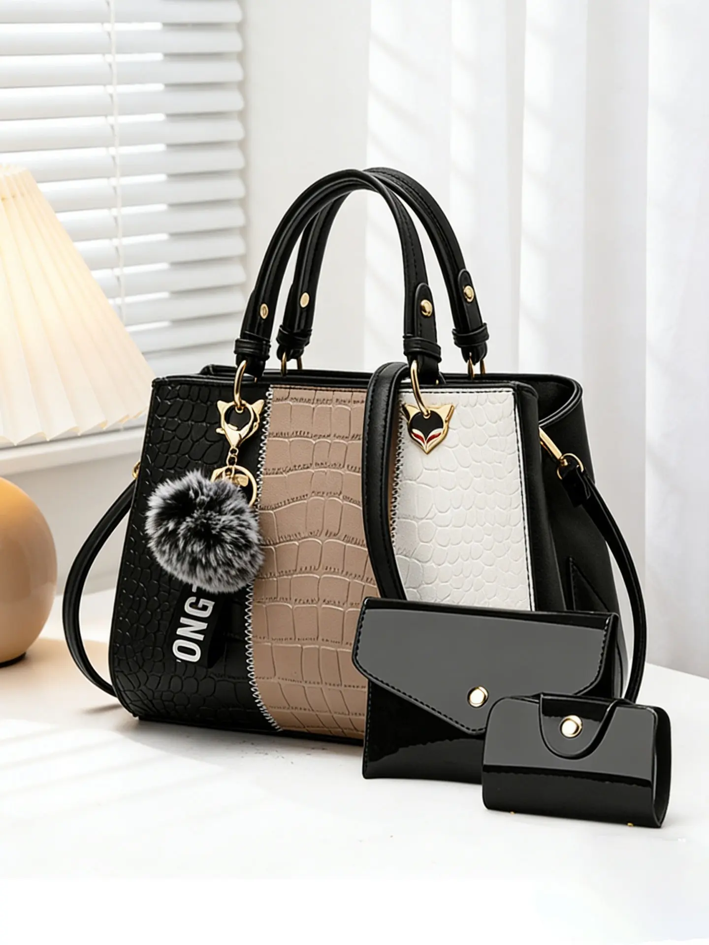 3-piece women's handbag set, crocodile pattern leather women's bags with pom-pom pendants, large-capacity tote bags available in multiple colors, shoulder and crossbody bags suitable for various occasions, ideal gift, Fashionable handbag