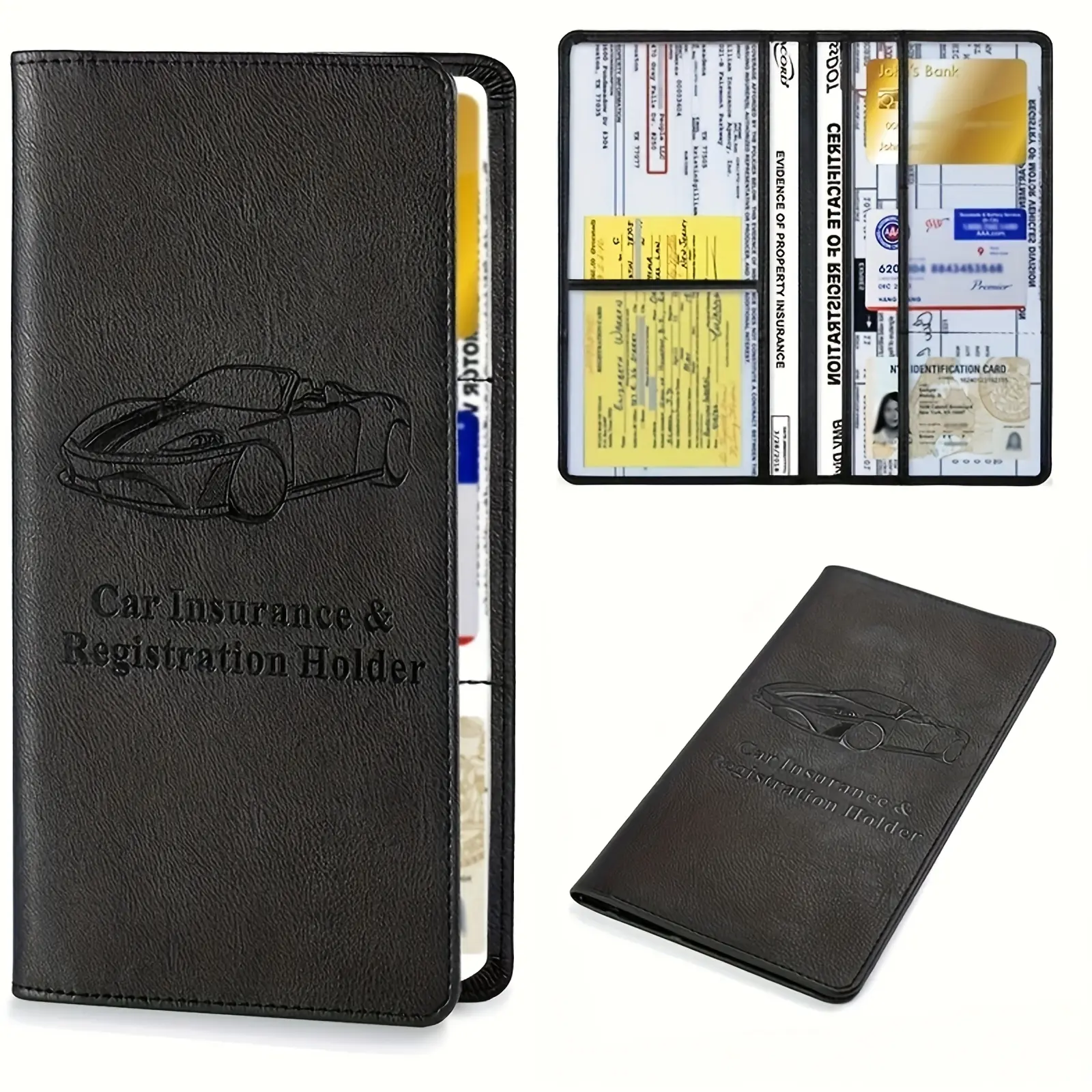 PU Leather Vehicle Document Organizer Pouch - Compact Pouch-Type Document Holder with Multiple Slots, Snap Closure for Car Registration Papers, Insurance Cards, Vehicle Owner ID Cards