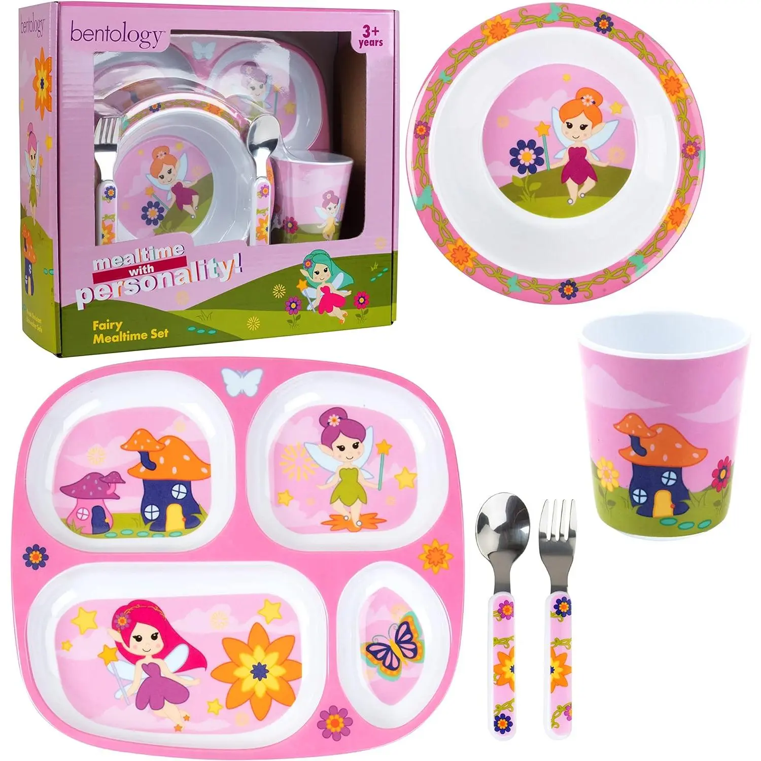 Bentology 5 Pc Mealtime Set for Kids & Toddlers, Fairy Theme-Divided Plate Cup Bowl Fork Spoon-Dishwasher Safe- Compartment Dish for Easy Self-Feeding