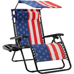 Best Choice Products Folding Zero Gravity Outdoor Recliner Patio Lounge Chair w/Adjustable Canopy Shade, Headrest, Side Accessory Tray, Textilene Mesh - American Flag