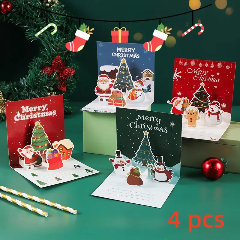 [Back to School]3D Pop‑Up Christmas Cards 4 Pack, Cartoon Christmas Tree Blank Note Cards, Perfect for Christmas Eve Gifts, Family & Corporate Holiday Blessings-MM1