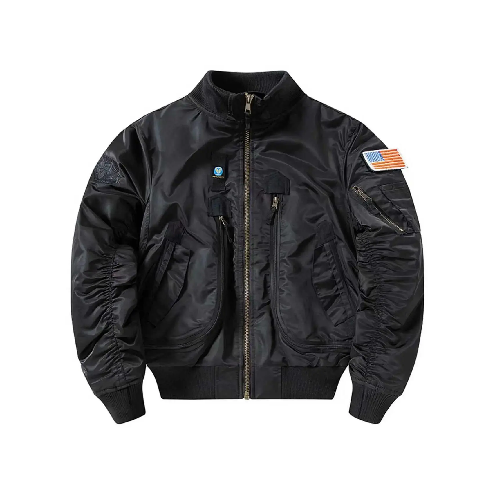 Menswear Vintage Military MA-1 Flight Bomber Jacket, Unisex Oversized Cargo Pilot Coat, Sherpa Fleece Lined Thick Outerwear, Trendy Streetwear for Fall Winter Daily Wear Long Sleeve Long Sleeve Zipper