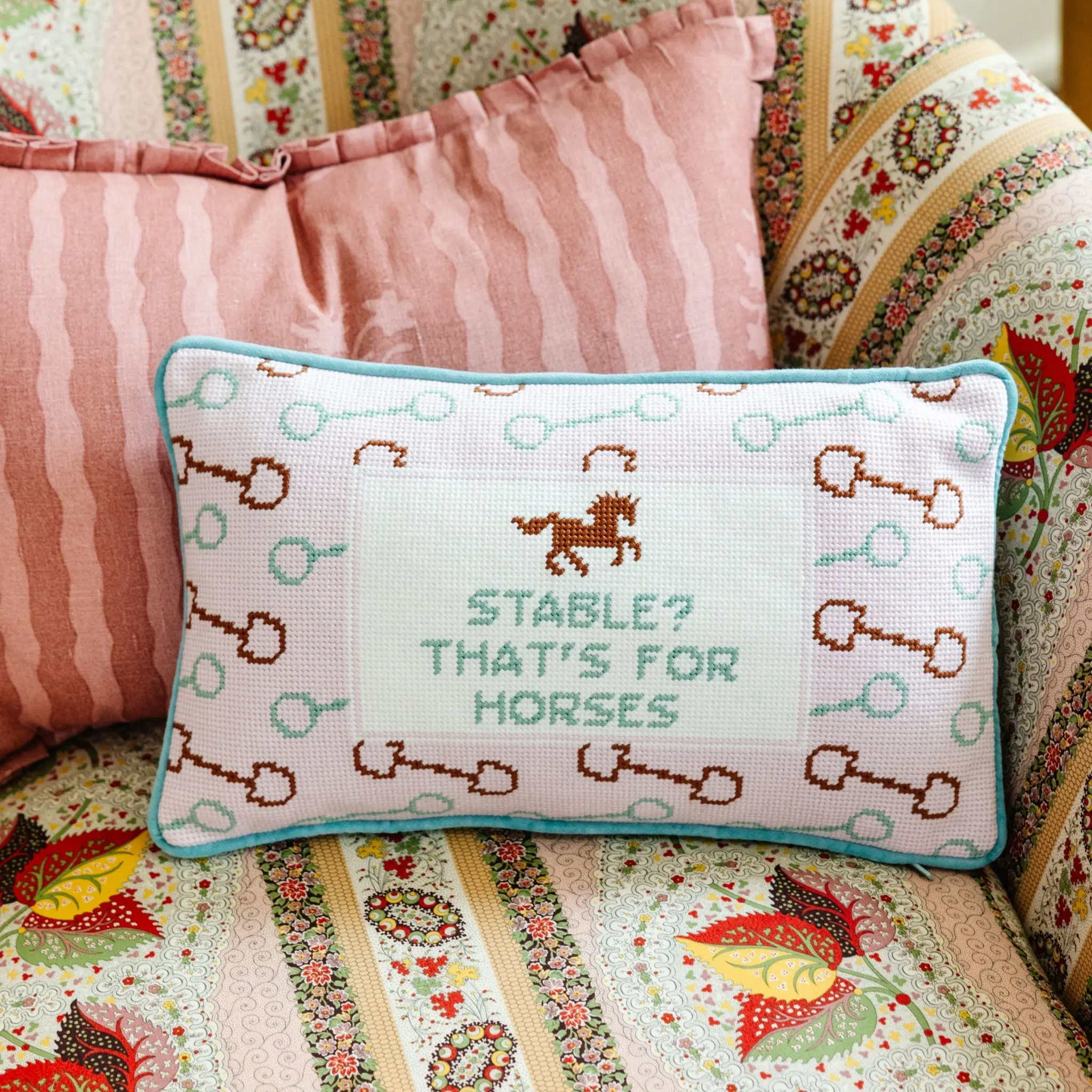 Stable Needlepoint Decorative Pillow with Velvet Cover, Playful Print, Detailed Stitching, Charmingly Witty Dry Humor Design for Living Room Decorations, Home Decorative Accent