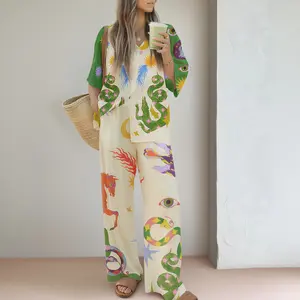 Artistic Abstract Print Two-Piece Set, Casual Vacation Fashion Short-sleeved long pants set, Bohemian Style , Retro hippie, Tropical plant patterns,Chic, Street, Celestial elements, Cozy women's cloth