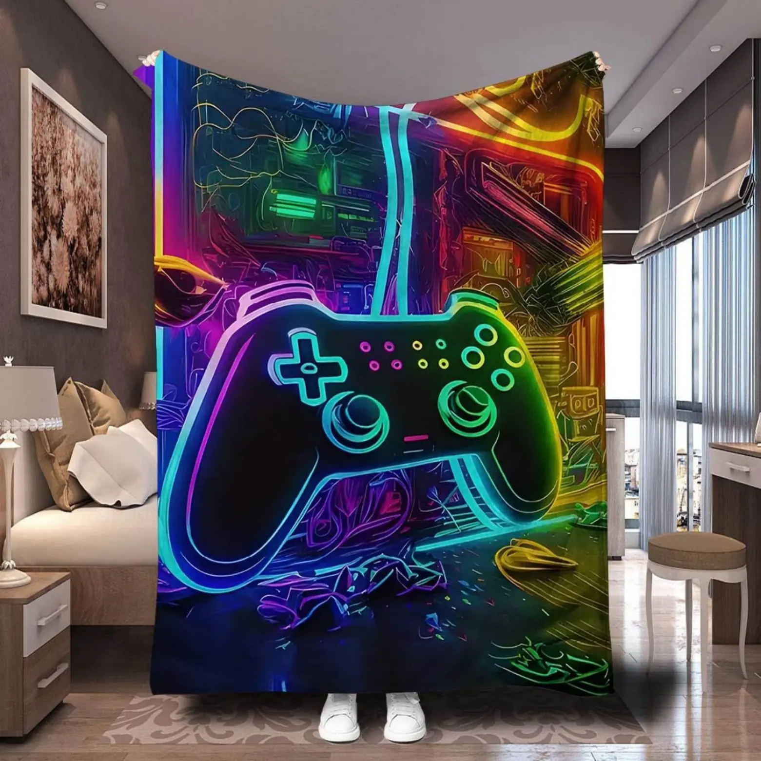 Flannel Throw Blanket - Soft Funny Game Controller Print, 60*80in/80x60 inches, Warmth Boost All-Season Gamer Gift, Cozy for Couch, Bed, Gym Use