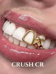 Two-Piece Cherry & Water Drop Teeth Grills, 18k Copper, Cubic Zirconia, Hip-Hop Style, Perfect for Summer Parties, Tooth Gems