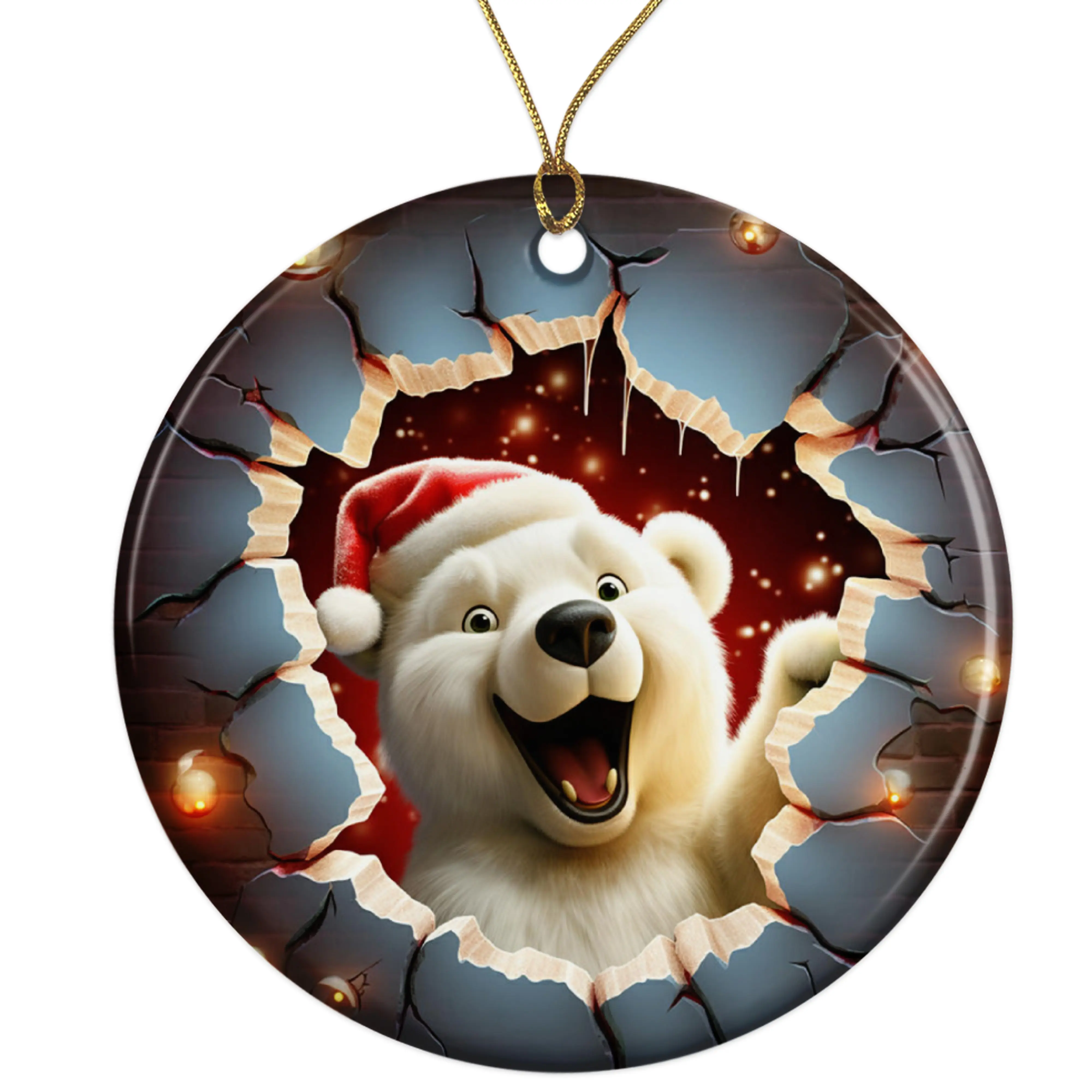 Cute Polar Bear Cartoon Ceramic Ornament - Breakthrough 3D Effect Burst Illusion Kids Ornament - 3 Inch Christmas Tree Round Ornament - Xmas Holiday Decor - String Included - ORNW0068