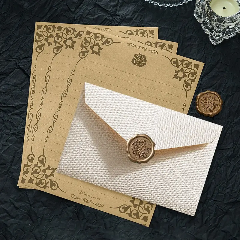 17pcs Linen Envelope Set, Unique Envelopes, Stationary Letter And Envelopes, Stationary Supplies, Vintage Leather Color Rose Paper, Handwritten Love Letters for Boyfriend Girlfriend, Includes 11 Papers + 3 Envelopes + 3 Wax Seals