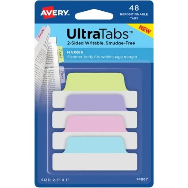 Avery AVE74867 Ultratabs Durable Self-Adhesive Writable No-Residue Repositionable Margin Tabs - Pastel Indexing Flags for Office Stationery, Organizing, Home Use
