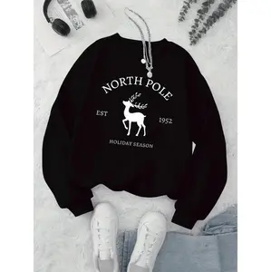 Festive Reindeer And North Pole Christmas Sweatshirt For Women Cozy Winter Pullover With Vintage 1952 Design Machine Washable Holiday Apparel