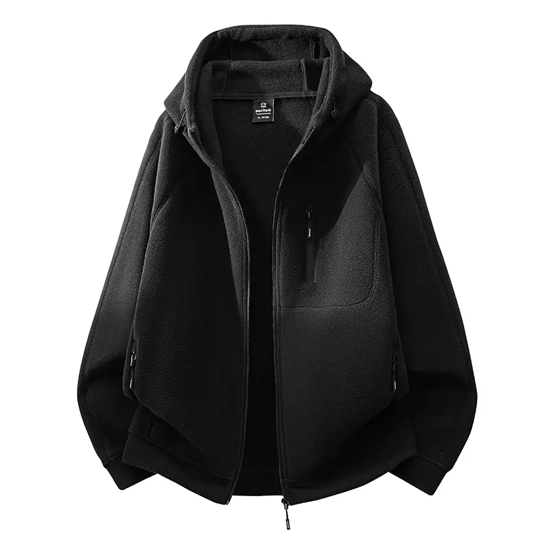 Men's Chic Polyester Long Sleeve Soft Fleece-Lined Zippered Solid Color Warm Jacket - Black Top, Multi-Function Autumn Winter Casual Outdoor Menswear Outerwear