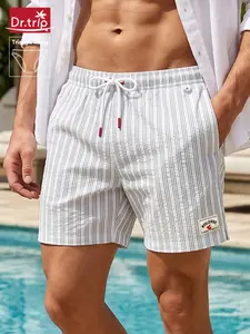 Men's Beach Shorts, Bubble Mesh Fabric, Classic Stripes, Loose Fit, Drawstring Waist, Casual Style, Short Length, Natural Waist