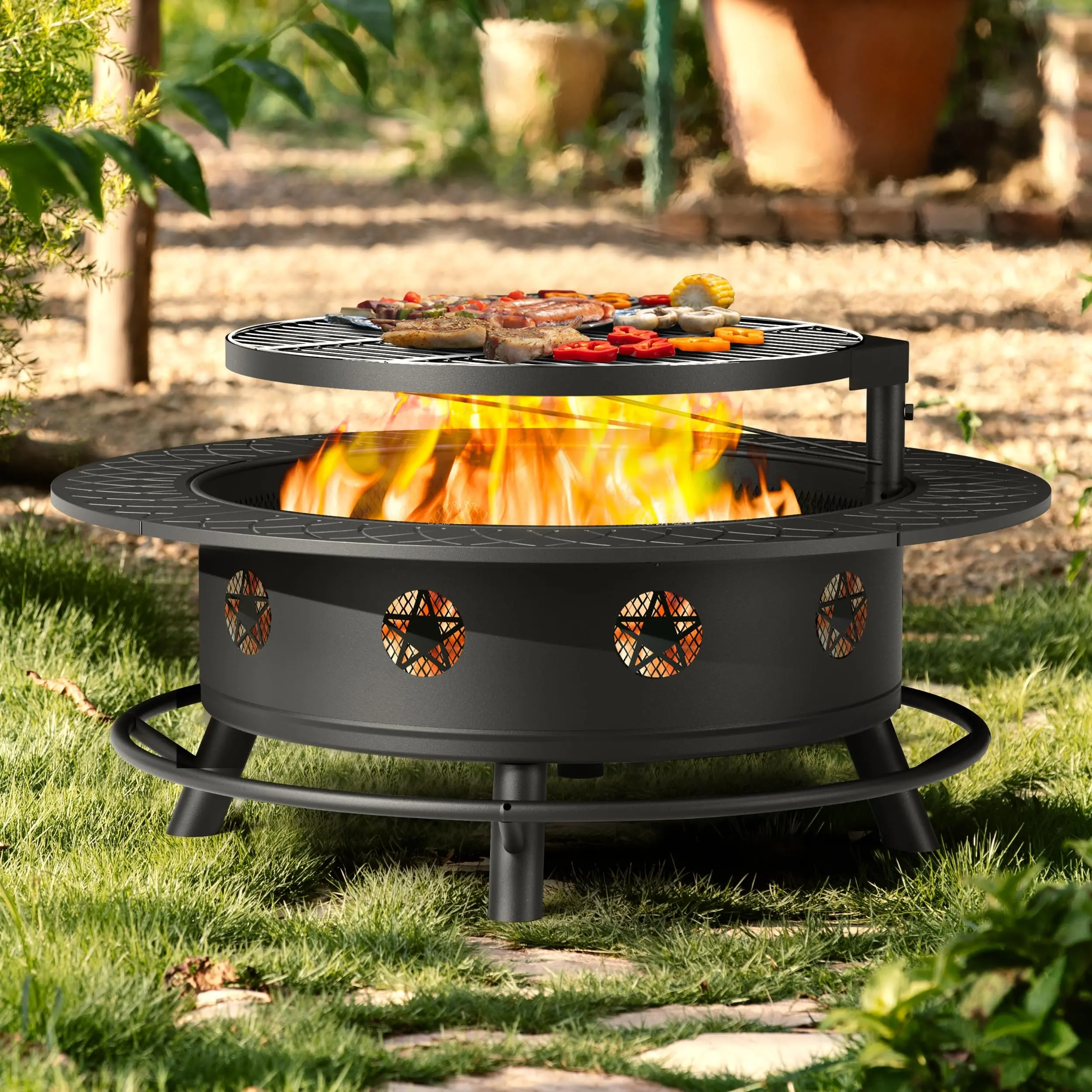 FORIOUS 43 Inch Modern 3-in-1 Outdoor Iron Fire Pit Set, Outdoor Fire Pits with Removable Rotating Grill, Ultra-Durable Grate, 360-Degree Rotation, Adjustable Height, Disassembly Kit for Wood Burning Firepit BBQ, Heating (Fits 12-15 People)