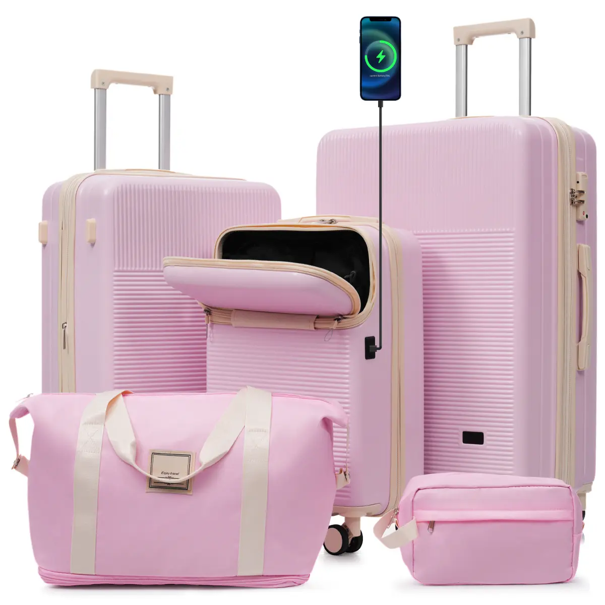 Luggage Sets 5 Piece with Half-opening, Hardside Carry On Suitcase Set with Double Spinner Wheel, Lightweight Travel Luggage with USB Port,TSA Locks