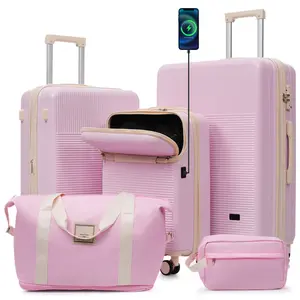 Luggage Sets 5 Piece with Half-opening, Hardside Carry On Suitcase Set with Double Spinner Wheel, Lightweight Travel Luggage with USB Port,TSA Locks