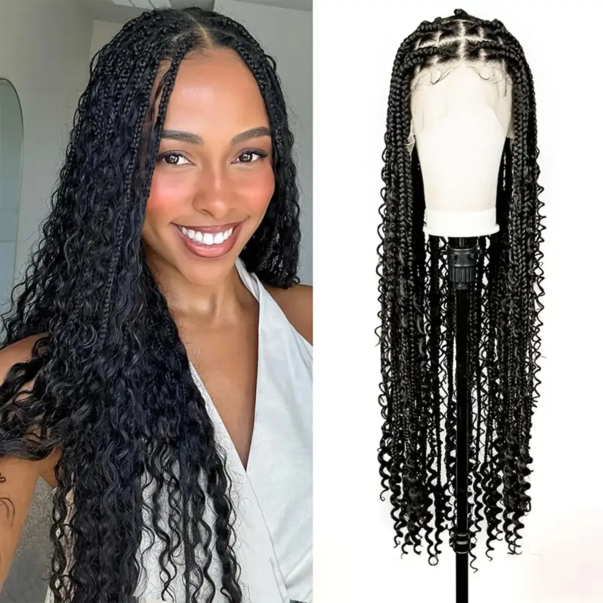 Full lace base triangle box, Summer Daily Wear knotless Bohemian Weave wig, Bohemian Weave wig, braided hair for black women. Blend box woven wig with long black woman woven wig Lace Braiding Wig Synthetic Wig