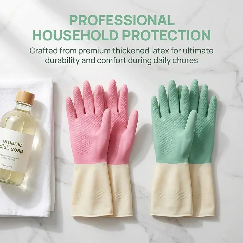 Reusable Soft Non-Slip Latex Washable Cleaning Gloves - Abrasive Resistant, Flexible, Durable, Thin Flocked Layer, Waterproof Safety Gloves for Kitchen Dishwashing, Painting, M
