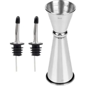 Stainless Steel Jigger for Bartending with 2 Pourers, 1oz/2oz Double Cocktail Jigger with Measurements inside, 2 Pour Spouts with Sealed Dust-Proof Caps Fits 3/4" Bottle Openings