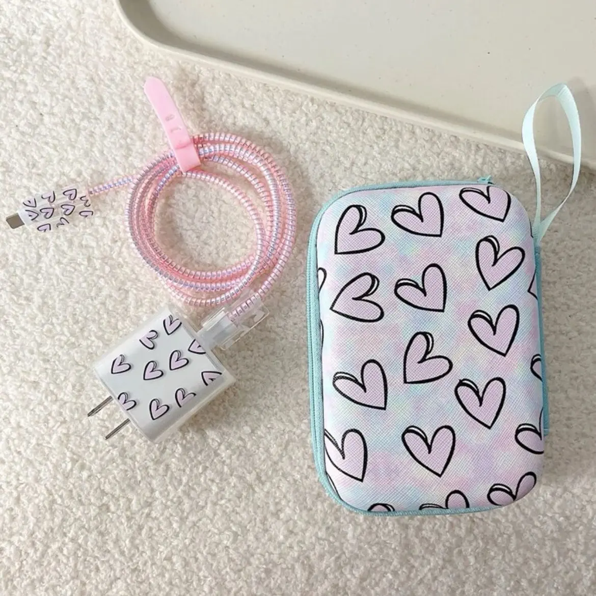6pcs Heart Pattern Data Cable Protector & Charger Head Cover & Storage Bag Set