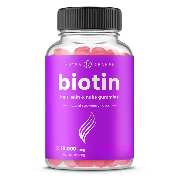 NutraChamps Biotin Gummies 10,000 mcg for Hair Skin & Nails Natural Strawberry Flavor US Made