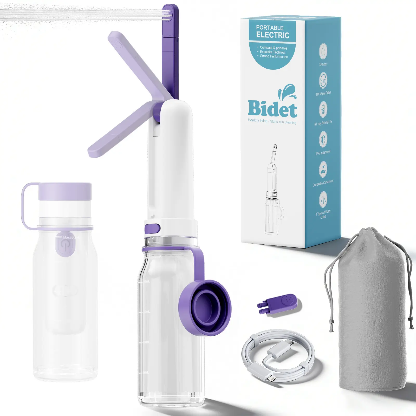 KAIYING Portable Bidet Attachment - Handheld Battery-Powered Rechargeable Bidet Sprayer, 260ml Bottle, Spray Control, Compact Universal Fit, IPX7 Rated Water-Saving Bathroom Fixture, Battery Powered Bidet