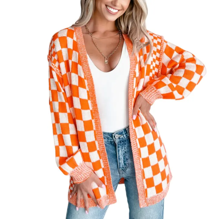 Asvivid Women's Fall Fashion Checkered Open Front Drop Shoulder Cardigan Colorblock Design Soft Knitwear For Winter#DealsForYouDays