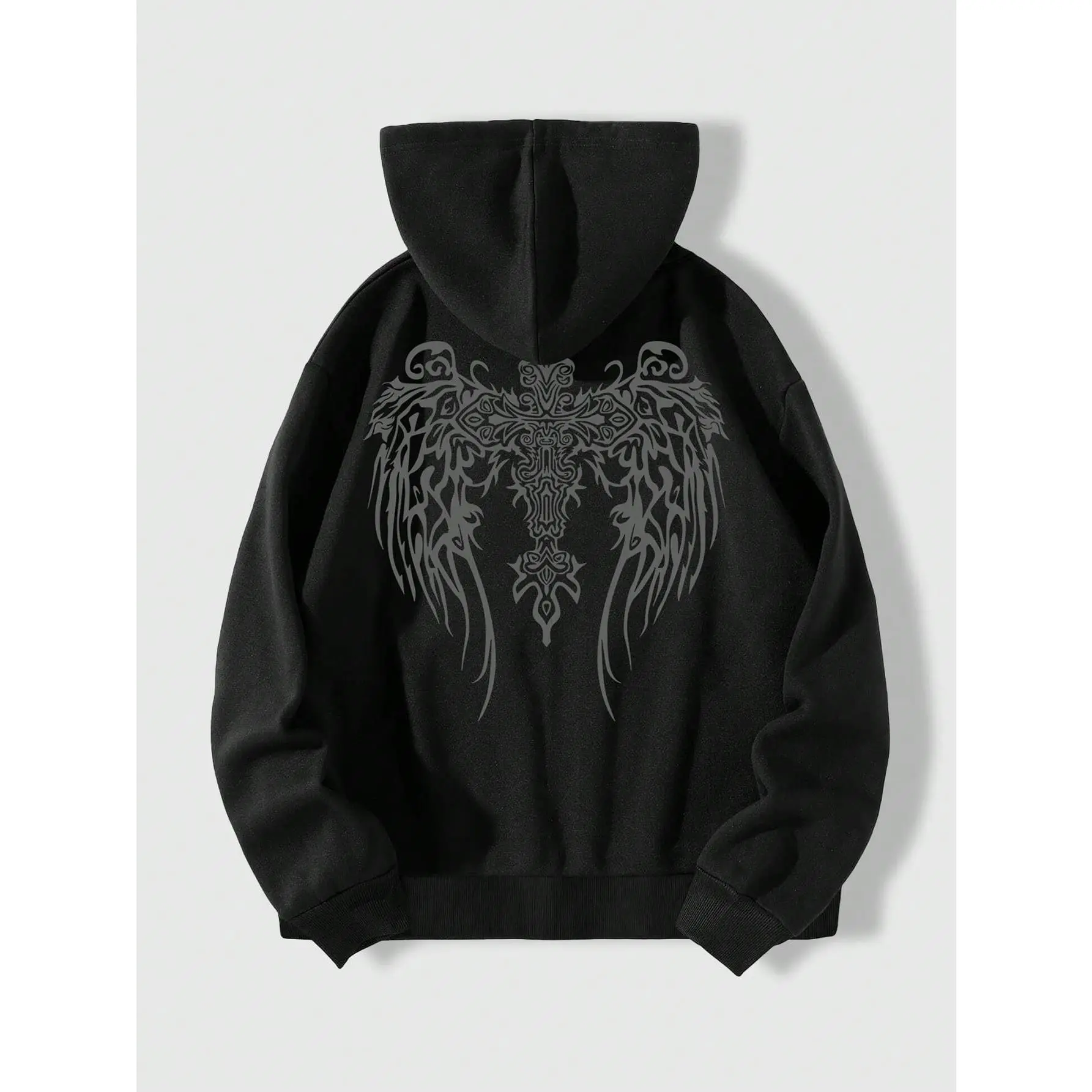 Men's Long Breathable Comfy Zip-Up Hoodie - Goth Menswear with Wings Cross Print Graphic, Pockets, Casual Office Top Pairable with Cargo Joggers