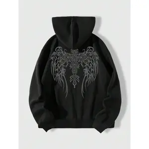 Men's Long Breathable Comfy Zip-Up Hoodie - Goth Menswear with Wings Cross Print Graphic, Pockets, Casual Office Top Pairable with Cargo Joggers