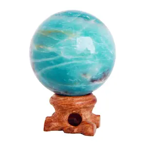 Amazonite Stone Sphere Sky Blue Calcite with Wood Stand Teal Crystal Ball Healing Stone Mineral Gemstone Divination
