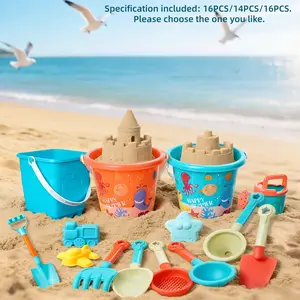 Summer Kids Beach Plastic Toy Set, 16/14 Piece Ocean Round & Square Buckets, Sand Tools Accessories Kit, Suitable for Ages 5-8