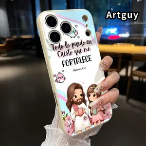 Straight Edge Phone Case for iPhone 17 15 16 14 Pro Max 13 12 11 XR XS Plus Air E  Divine Companionship Jesus and Girl Spiritual Bond Pattern Shockproof Liquid Silicone TPU Bumper Drop Protection Cover Smartphone Casing