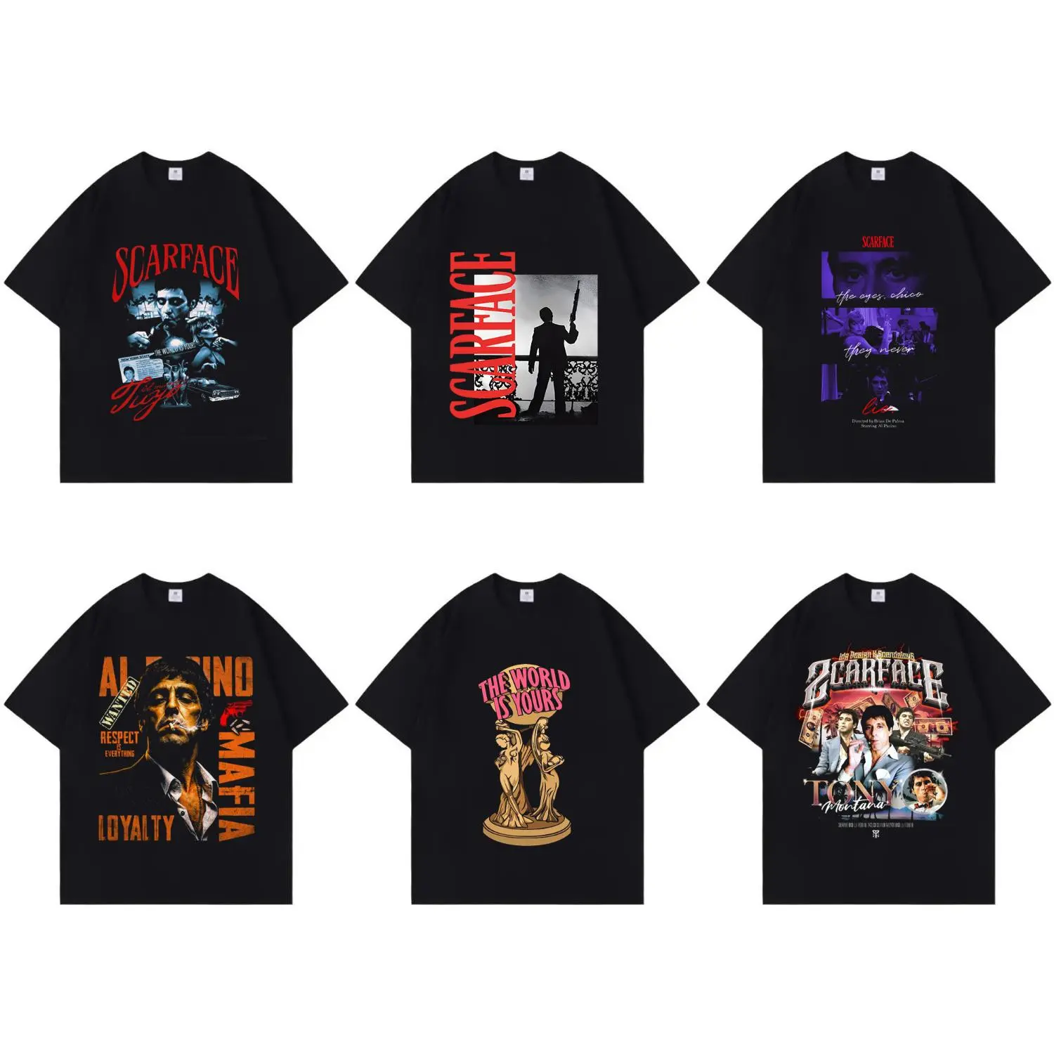 Vintage Scarface Print T-shirt, Unisex Casual Streetwear Short Sleeve Top, Soft Pure Cotton Crew Neck for Summer Comfort, Tshirt, Shortsleeve, Menswear, Round Neck