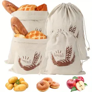 Set of 4 Linen Bread Bags, Bread Bag with Drawstring, Bread Bag Storage Fresh, 25 x 30 cm / 30 x 38 cm, Linen Bag, Reusable Linen Bags for Bread, Baguette, Fruit, Vegetables, 2 Sizes