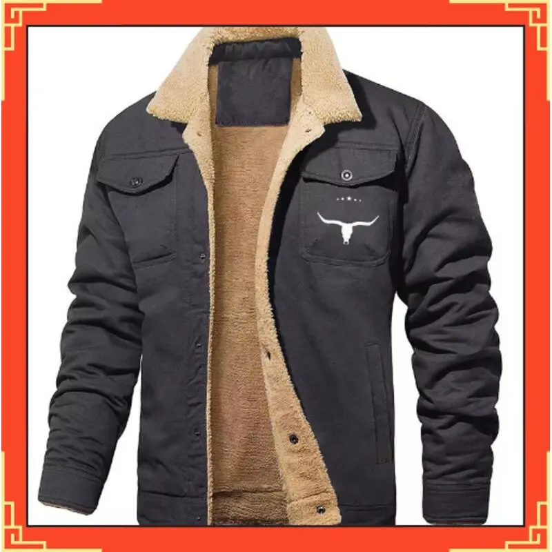 Men's Cotton Shell Menswear Coat with Cowhead Print, Autumn-Winter Workwear Look Jacket, Coats