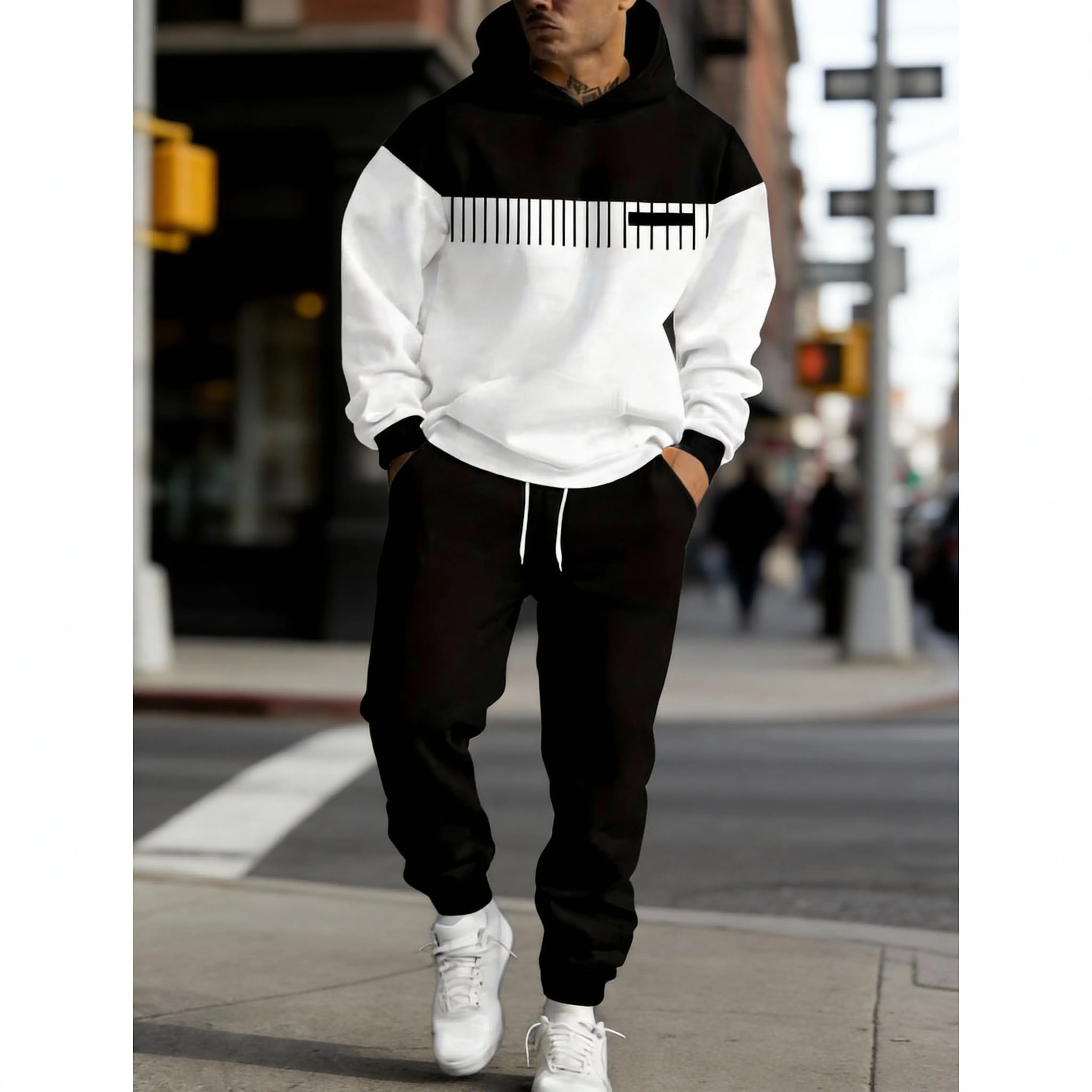 Men's Trendy Color Block Tracksuit Set - Hoodie & Pants with Geometric Stripe Print, 2-Piece Casual Wear regular length top