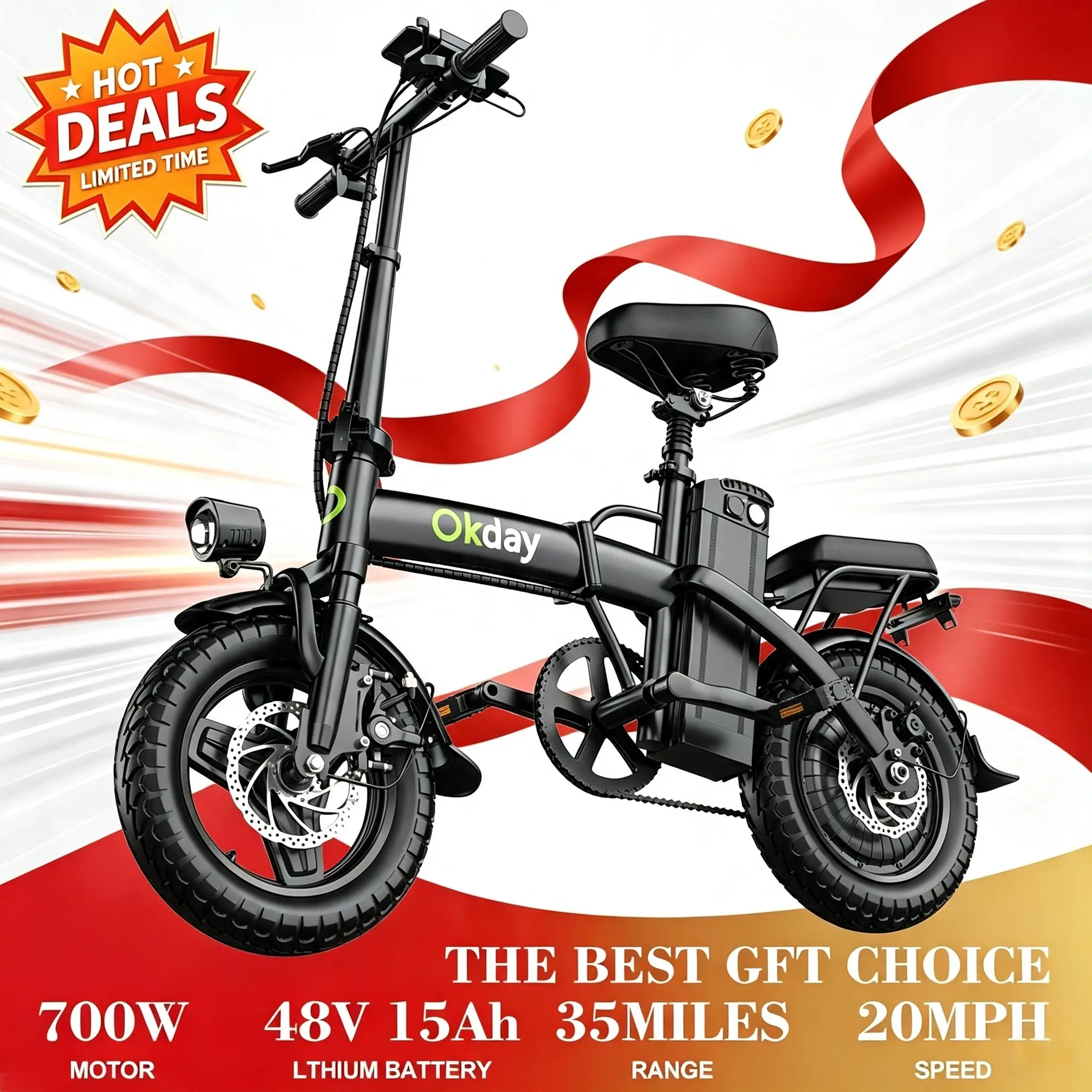 Okday Adult Foldable Electric Bike, 14 Inch Compact Commuter E-Bike, 700W Motor 48V 15Ah Lithium Battery, Dual Shock Absorber & Dual Disc Brakes, Foldable Steel Frame Electric Bicycle for City Daily Commuting