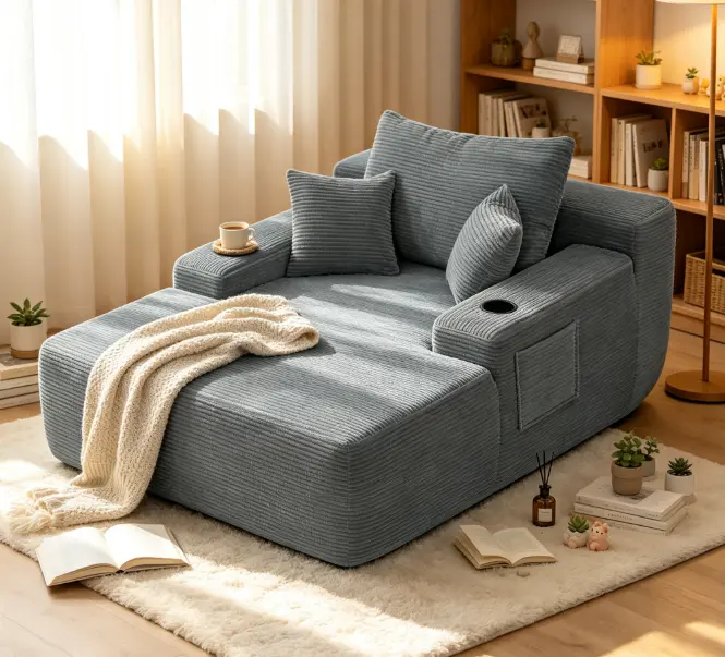 New Convertible Corduroy Chaise Lounge Chair - Wide Armrest, Throw Pillows, Cup Holder, Foldable Sleeper Sofa, No Assembly Required for Living Room, Bedroom