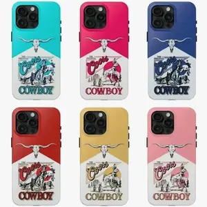 Cowboy Western Tough Phone Case - Longhorn Skull Rodeo Horse Print for iPhone 11 12 13 14 15 16 17 Pro Max Plus Air/Samsung S22-S24