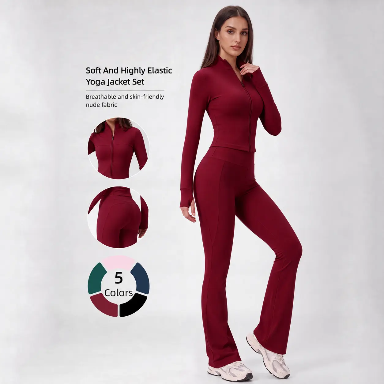 Women's 2‑Piece Workout Set, Sculpt Zip‑Up Jacket + Butt‑Lifting Wide‑Leg Yoga Leggings, Active Outfit for Yoga, Gym Training & Daily Wear