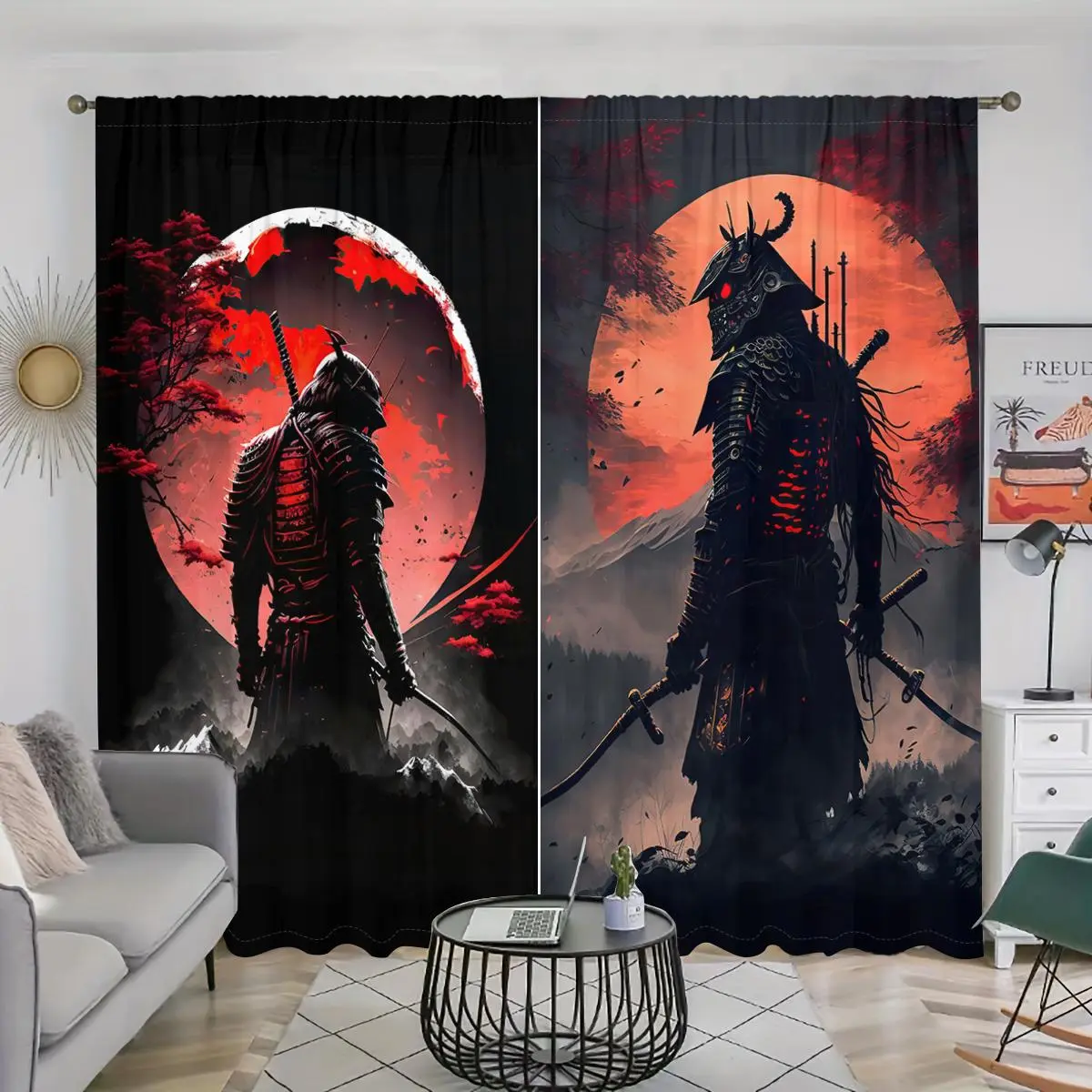 Japanese Samurai Oil Painting Pattern Window Drapes, 2 Counts/set Semi Blackout Pocket Hanging Curtain, Home Decoration Curtain, Window Treatment for Home Living Room Bedroom Kitchen Dining Room Bathroom Office