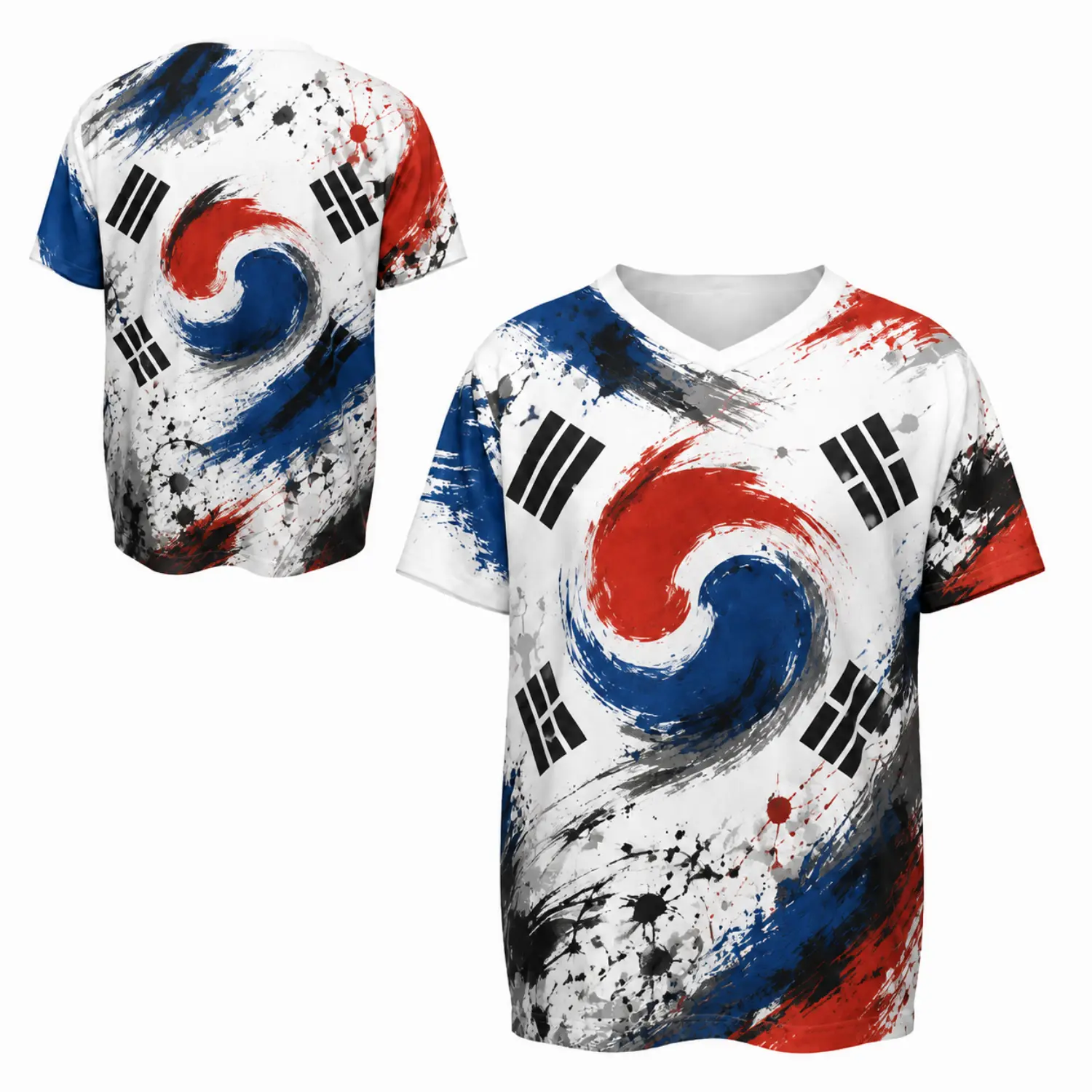 Men's Korean Flag Inspired Graphic Soccer Jersey - Bold Brushstroke Design, V-Neck Short Sleeve Athletic Shirt, Custom Color Match for Soccer Fashion & Football Fashion Fans, Graphic Jersey, Athletic Jersey