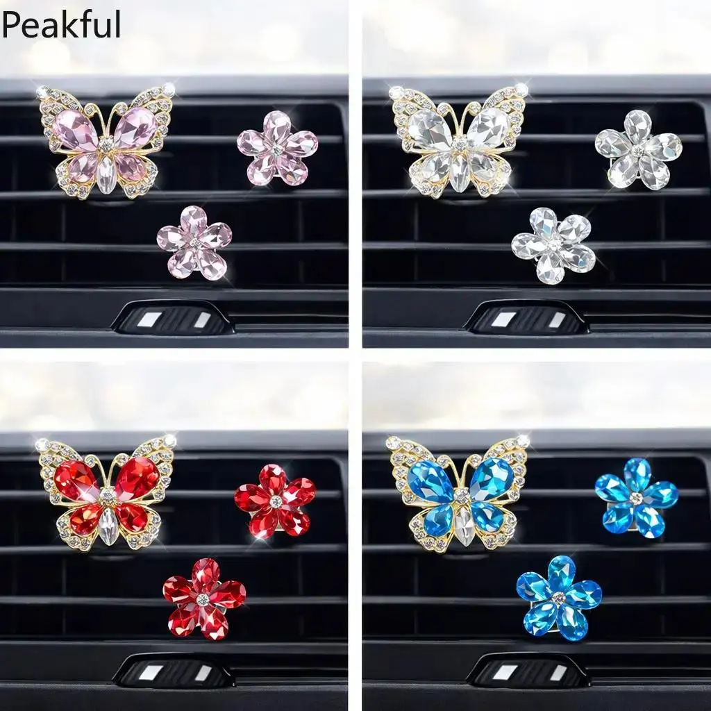 3PCS Crystal Butterfly Flower Car Air Vent Clip Decor, Air Conditioning Vent Ornament, Refillable Scent Pad, Rhinestone Car Interior Decoration, Cute Auto Accessories