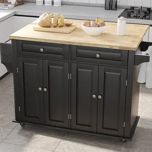 Rolling Kitchen Island with Drop Leaf, Movable Kitchen Carts on Wheels Island with Storage Cabinet, Island Table for Kitchen with Rubber Wood Top and Rack and Drawer, Spice Rack, Towel Rack