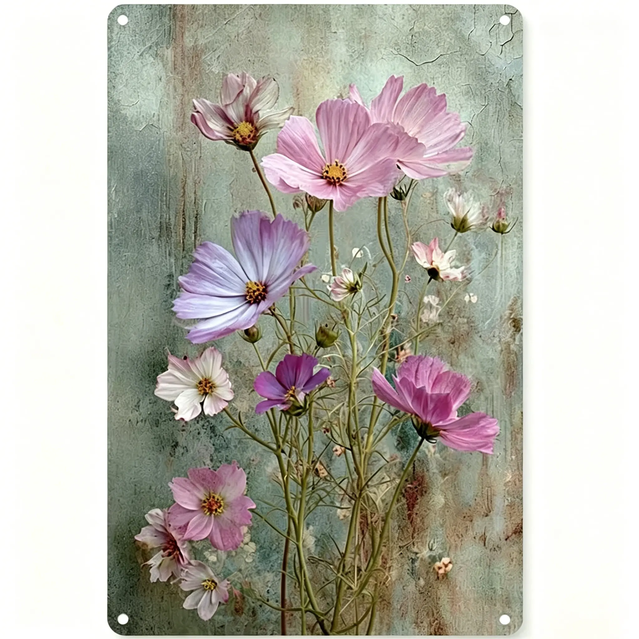 8x12in Rectangular Vintage Pastel Pink-Purple Cosmos Flowers Metal Tin Sign - Cracked Texture, Distressed, Teal Textured, Shabby Chic Aged Home Sign, Soothing Botanical Wall Art Decoration for Rustic Farmhouse Home/Room, Home Wall Art